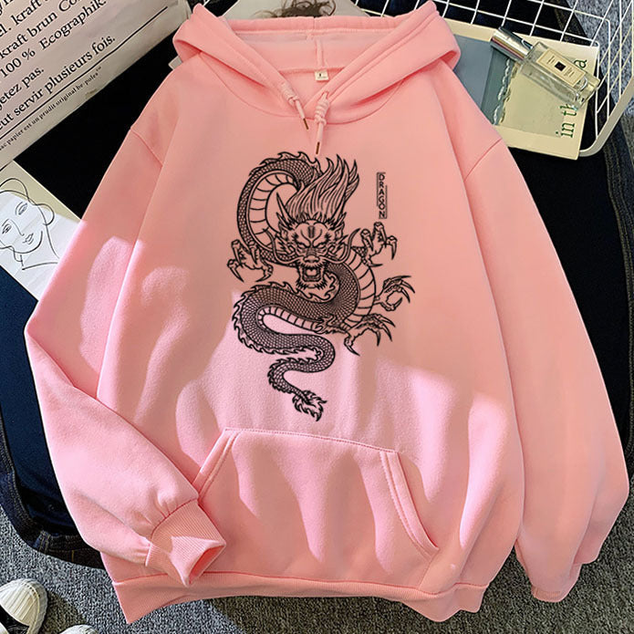 Men’s Warm Hoodie - Dragon Print Pullover, Polyester Casual
