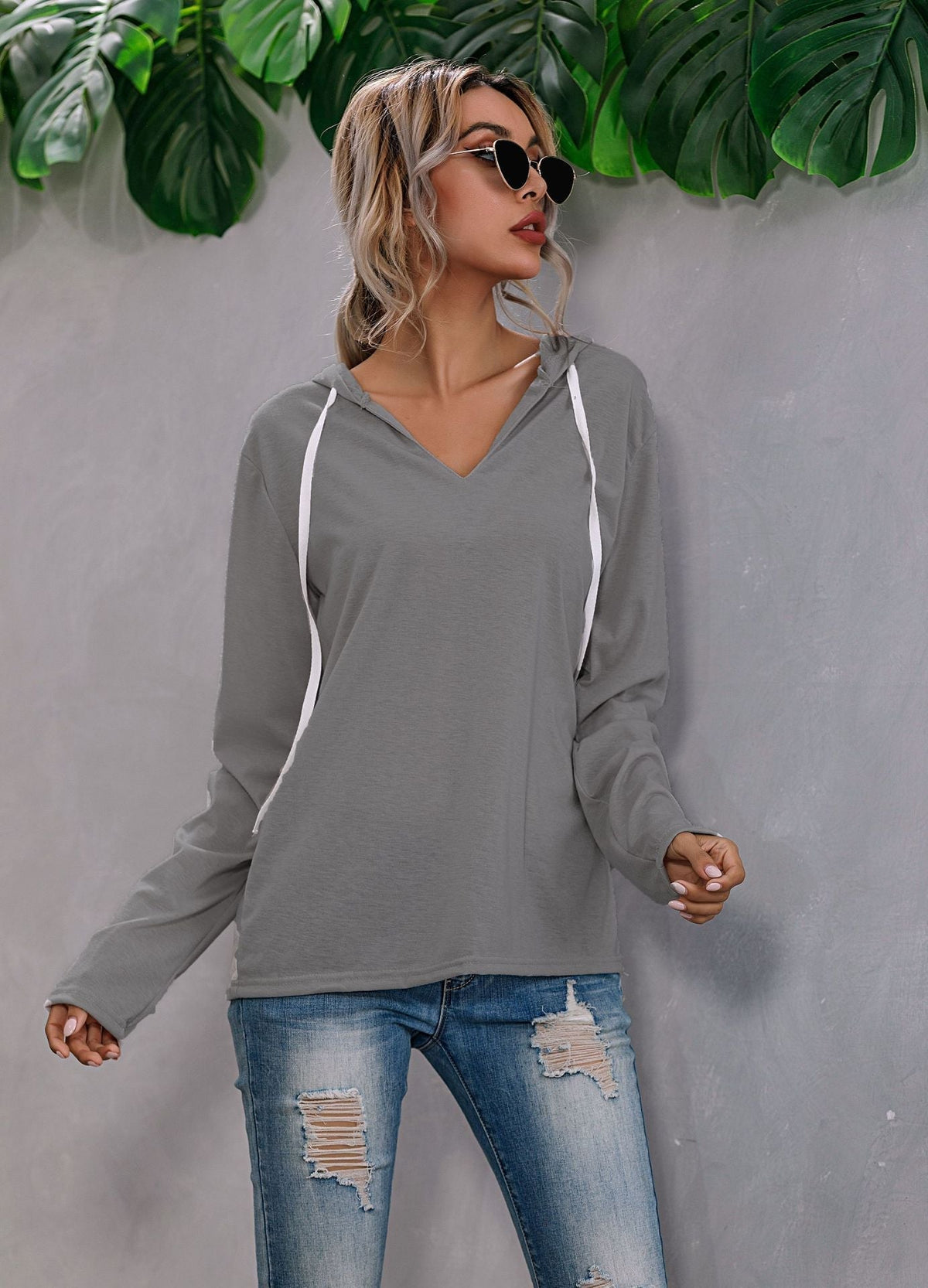Light Relaxed Womens Hoodie - V Neck, Knit, Regular