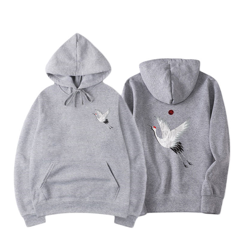 relaxed Oversized hoodie - embroidered crane, cotton blend