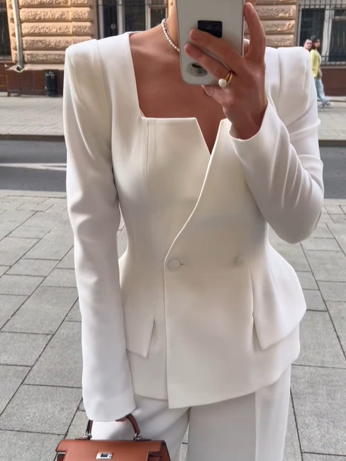 Light women's blazer - two-button square collar, structured silhouette, polyester, for work