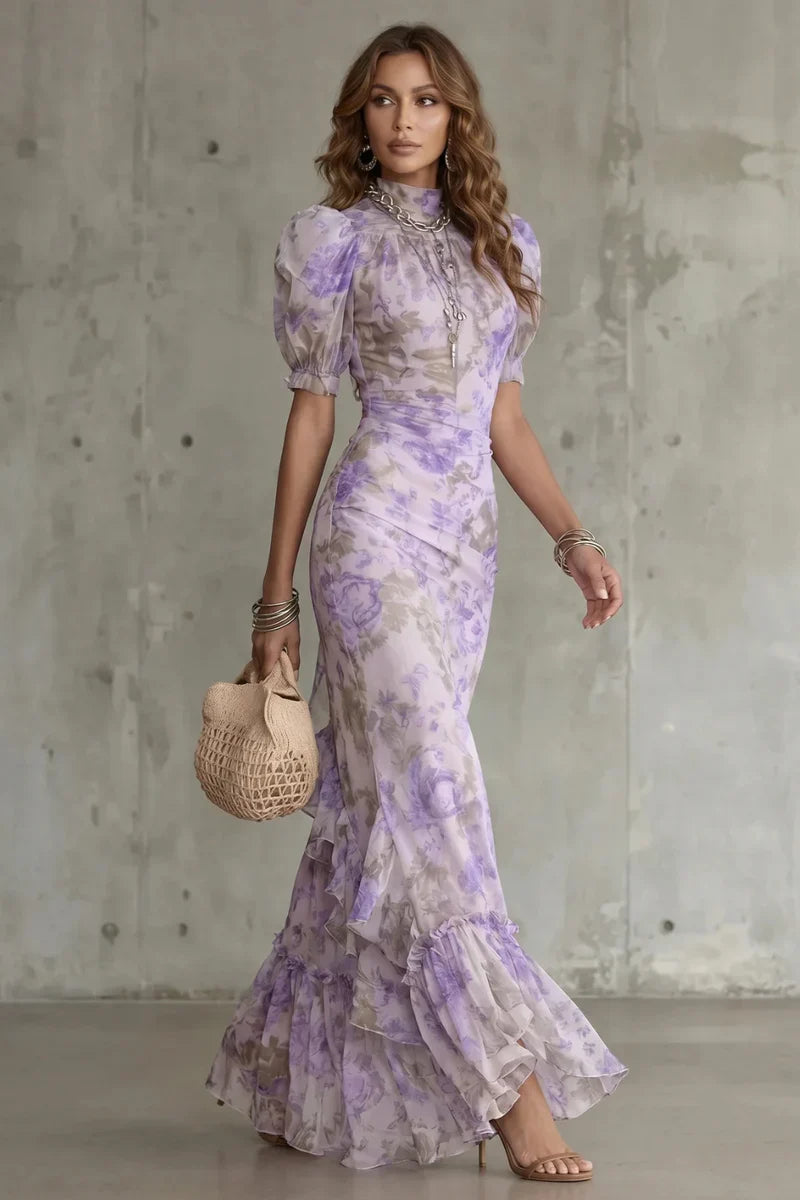 women's Fitted puff-sleeve dress - slim-fit, long-pleated, floral print, for special occasions