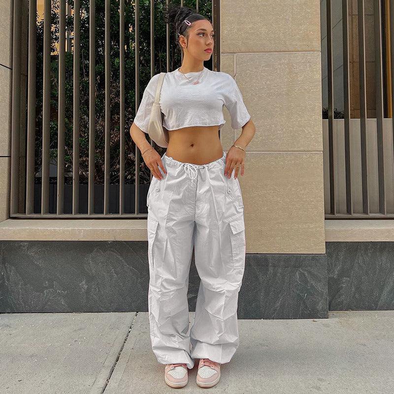 White Cargo Pants for Women with Adjustable Waistband and Functional Pockets, Modern Utilitarian Style-6