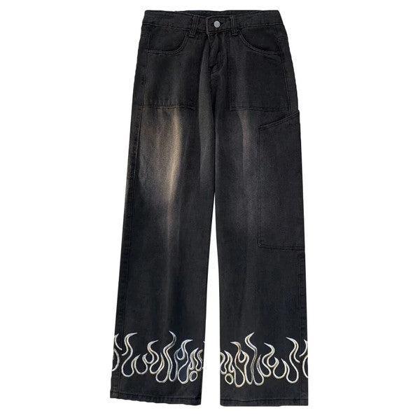 Variant image for Flame Print Jeans for Men and Women, Stylish Denim with Bold Flame Designs, Available in Various Fits and Colors-2