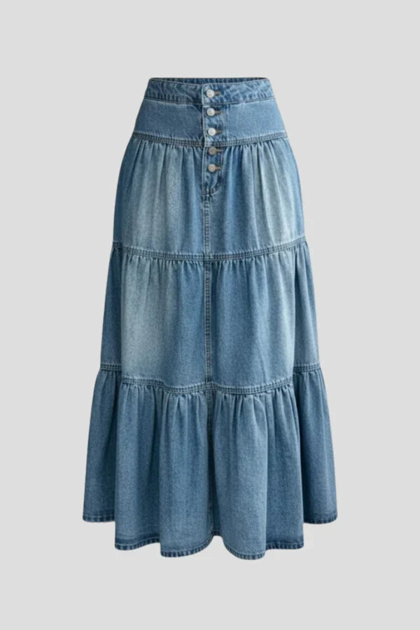 A-Line, Timeless Mid-Length, Tiered, Button-Front, Denim, Casual Wear – Plush Women's Denim Skirt