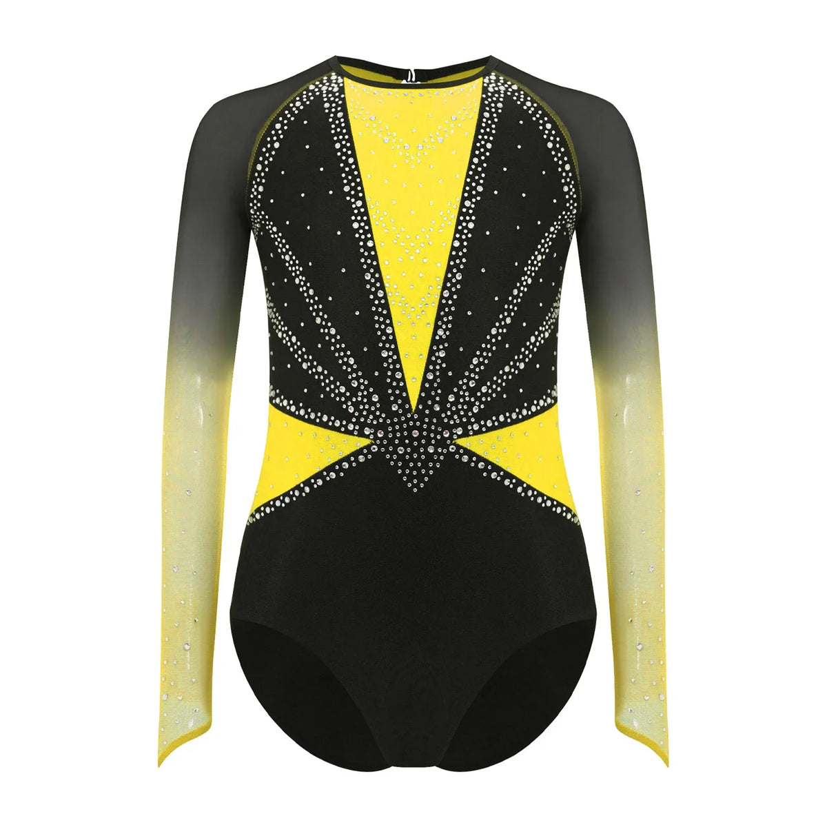 Girls' Stretchy Leotard - flattering, rhinestone-detailed, long-sleeve, mesh-panel, polyester elastane, for gymnastics