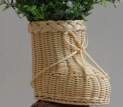 Vase Rattan Boot Shaped Imitation Woven Tabletop Christmas Decor Holiday 2025 Cute Centerpiece Gift