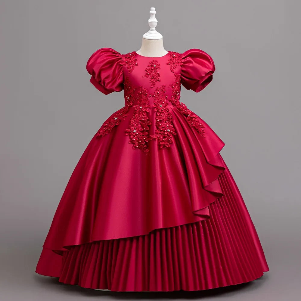 puff-sleeve, lace bodice, pleated layered skirt, cotton-polyester blend, for flower girl ceremony – Plush girls' dress