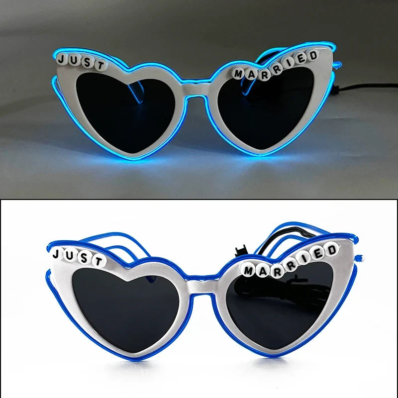Married Just LED Flashing Sunglasses - Bachelorette Party Wedding Pink Heart Glasses
