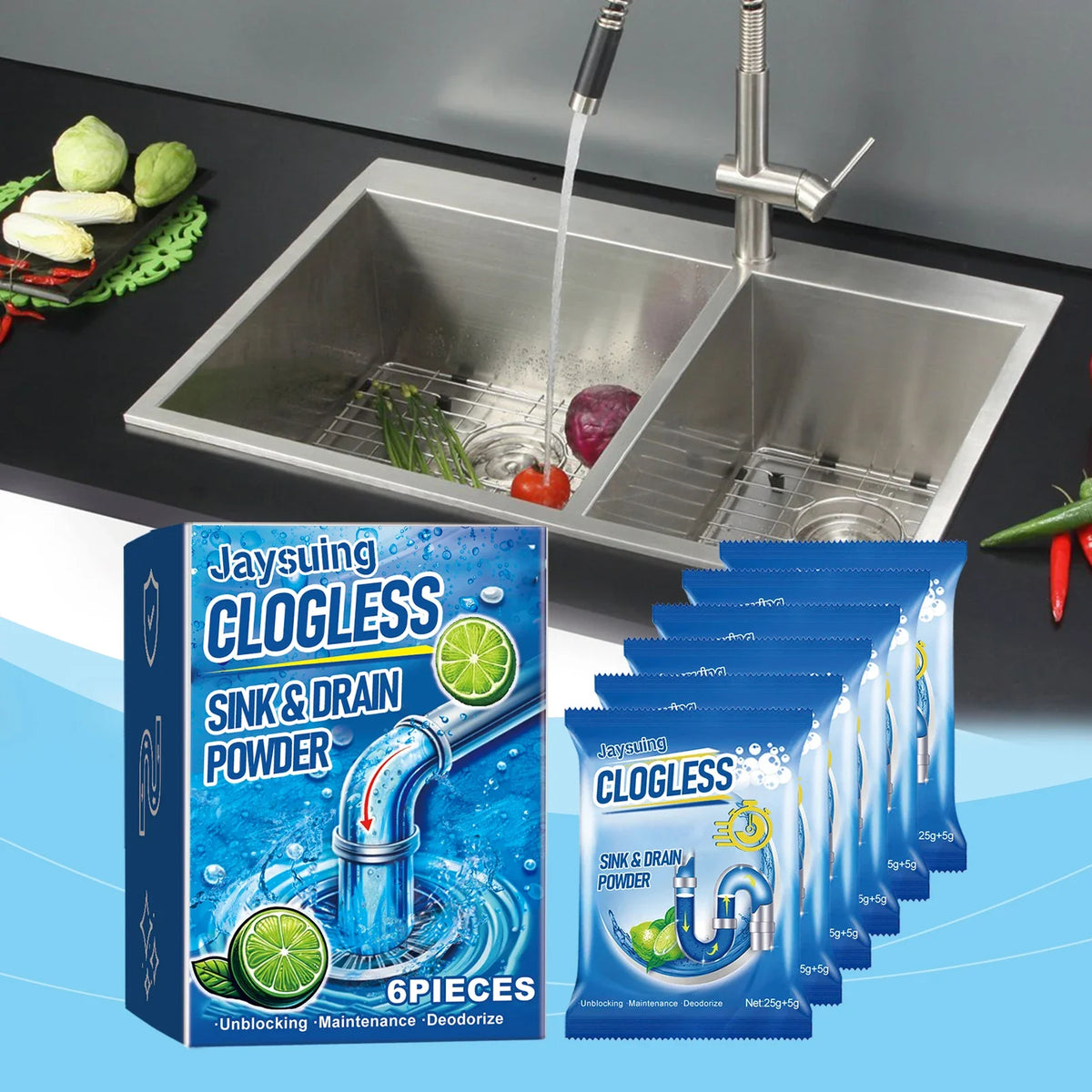 Drain2026 Edition Cleaner Powder - Sink and Drain Unclogging Kit, Deodorize, 6 Pieces, Spring Cleaning