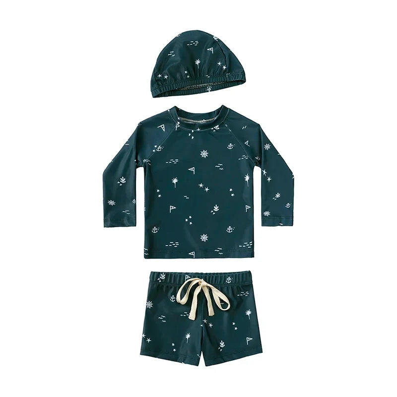 Long-Sleeve Top, Swim Pants, Hat, Polyester Elastane, Beach Vacation – Breathable Kids Rash Guard Swim Kit
