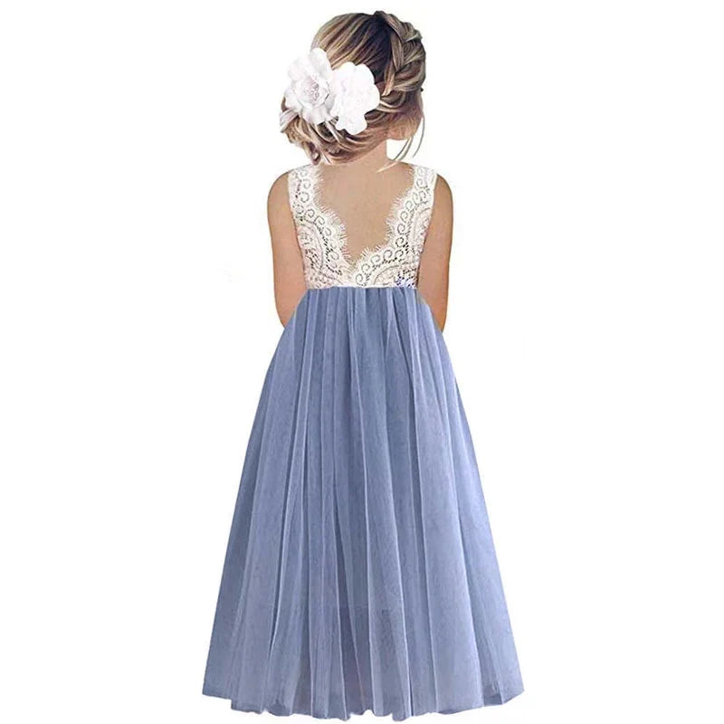 Light Girls’ Flower Girl Dress - Lace Bodice, Flowing Tulle Skirt, Polyester, For Wedding