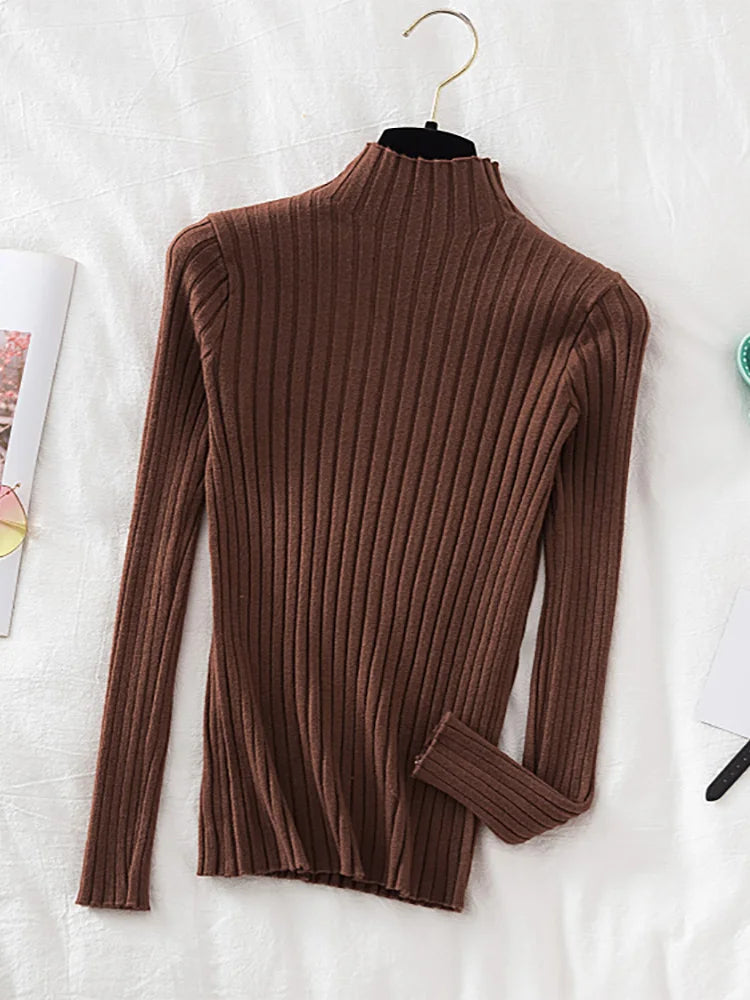 Flattering Stretchy Women Ribbed Sweater - Mock Neck, Knit