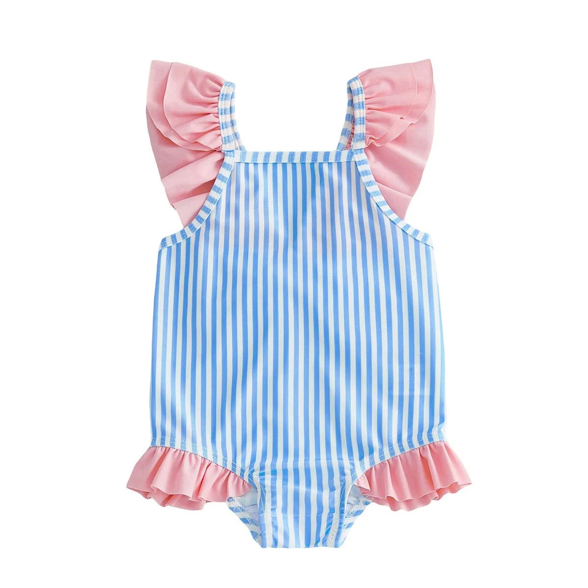 Baby Breathable Girls Swim Romper - Striped Print, Flutter Sleeves, Polyester-Elastane Blend, For Pool and Beach