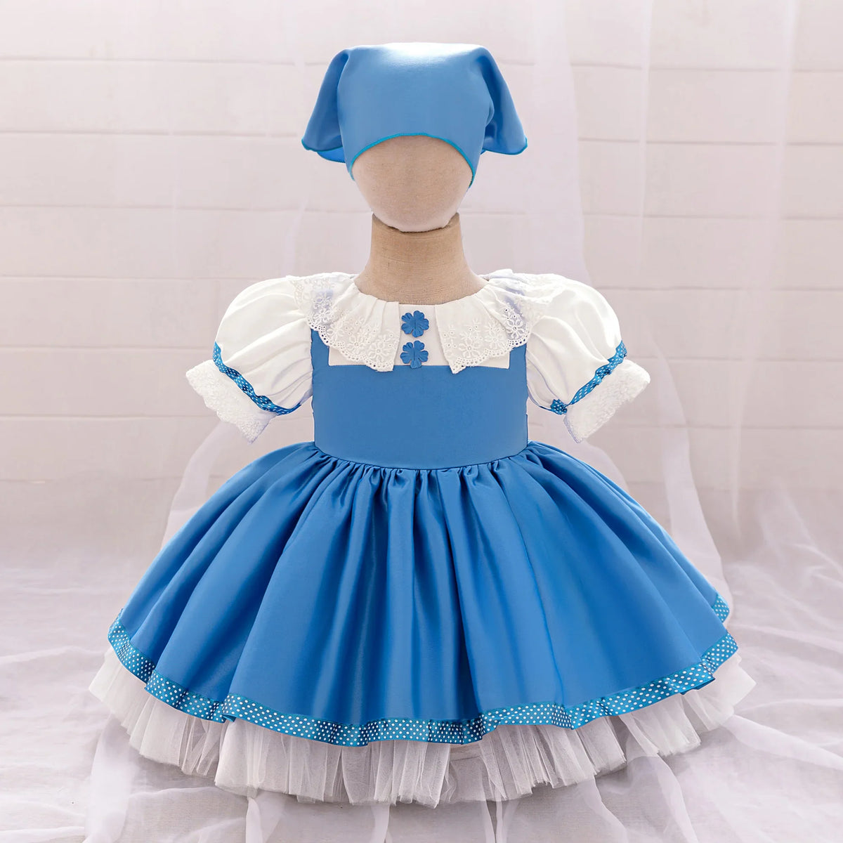 Plush, flattering baby girl's maid dress - knee-length, lace-trimmed pinafore-style, polyester, viscose, birthday party