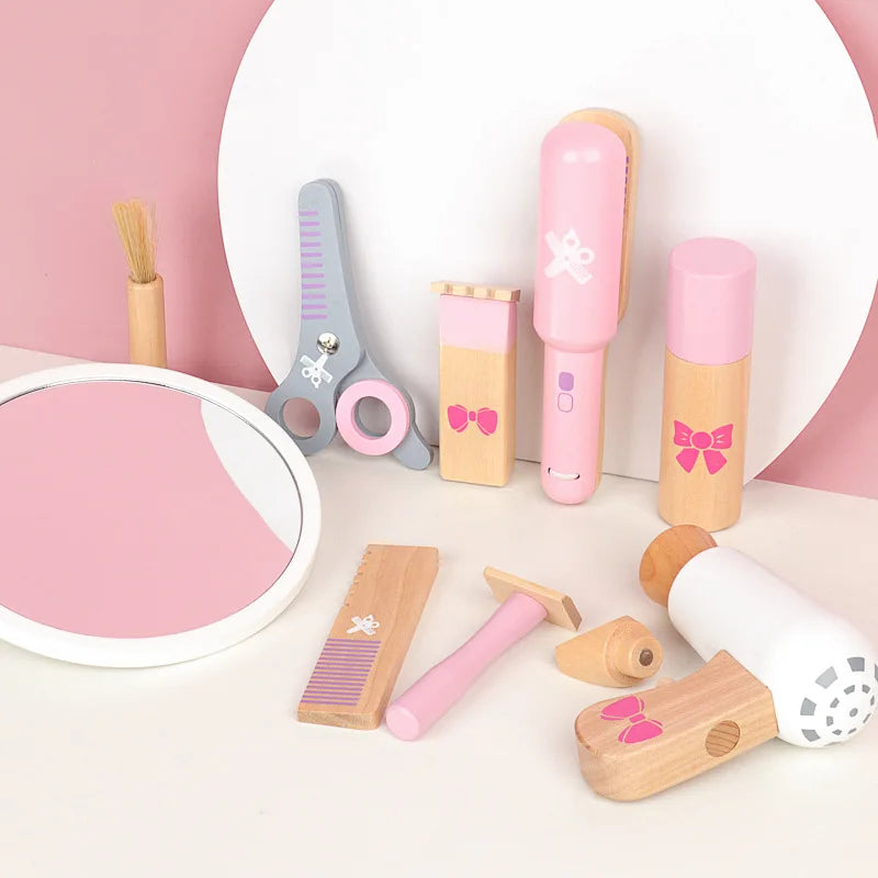 Kids2025 Edition Makeup Kit Wooden Pretend Play Cosmetic Toy With Carry Bag Eco Friendly Hairdressing Kit Holiday Gift