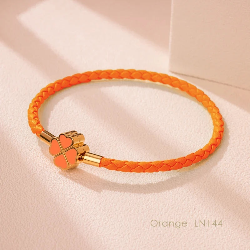 Leaf Four Clover Braided Leather Lucky Bracelet Gift