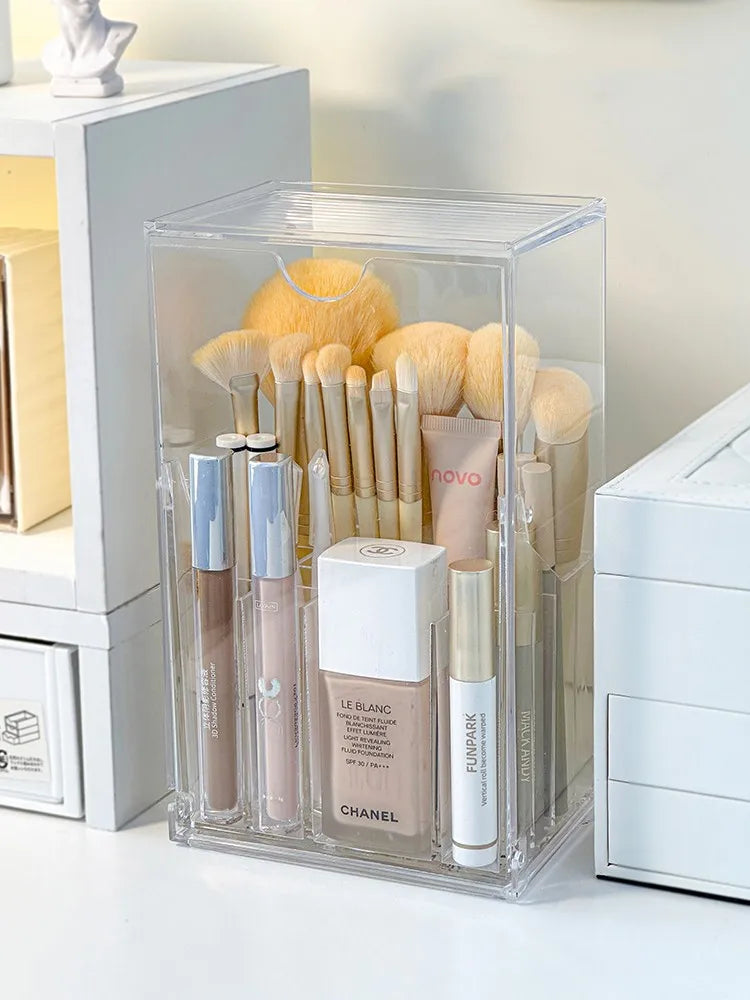 Brush Makeup Holder With Lid Acrylic Organizer Box Large Capacity Divider Storage Dust Free Fall 2025 Gift