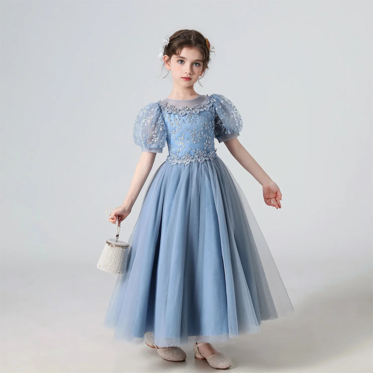 Plush Girls' Dress - Flowy Princess-Cut Lace-Embroidery, Polyester, Wedding Party