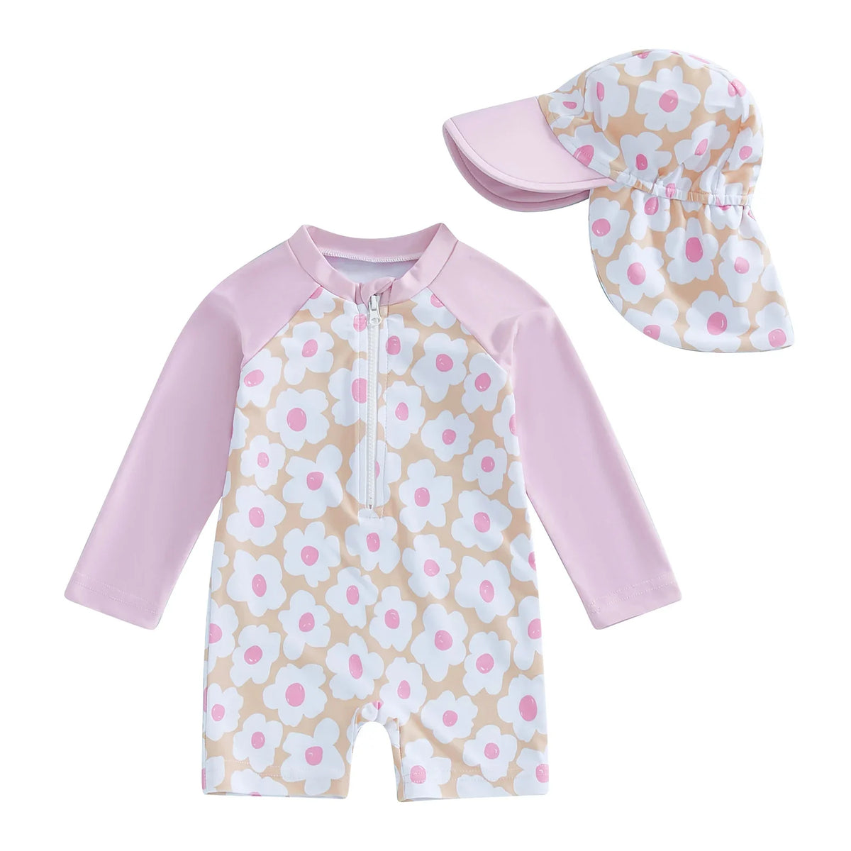 Light Sturdy Toddler Girl Rash Guard Swimsuit - Long Sleeve Floral Flamingo Print, Polyester Elastane, Beachwear