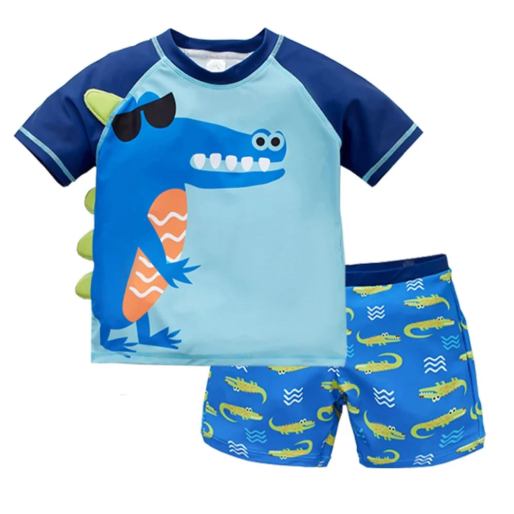 Fast-Dry Boys Swimwear - Two-Piece Cartoon Print Kit, Polyester/Nylon/Spandex, Summer Beachwear