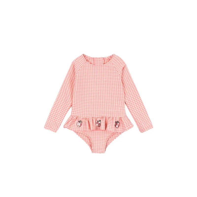 long sleeve one-piece, plaid print, strawberry sequin accents, polyester, nylon, for summer – Light Girls Swimsuit