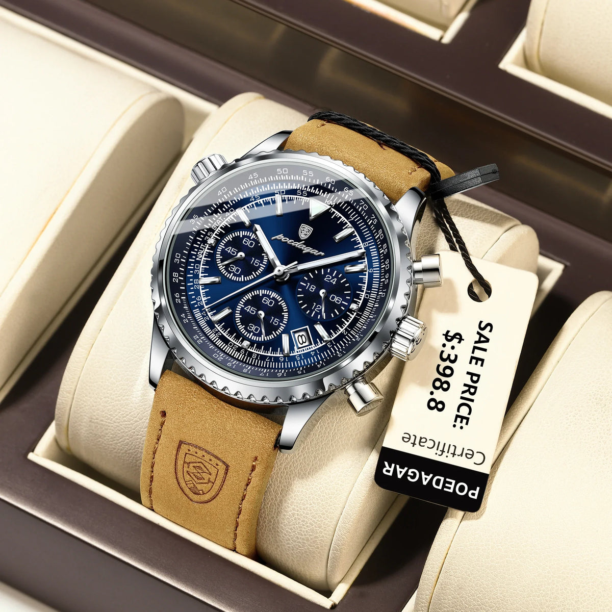 Quartz Chronograph Watch Water-Resistant Luminous Date Leather