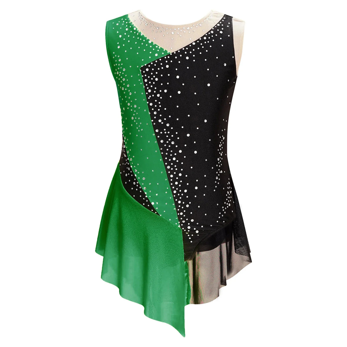 Flattering Stretchy Girls' Dance Leotard - Sleeveless Rhinestone Mesh Top, Polyester, Nylon, Elastane, For Competition