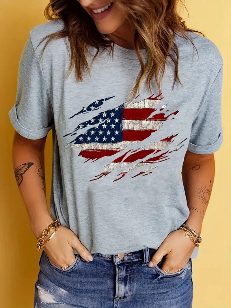 Plush Women's T-Shirt - graphic flag print short sleeve crew neck, casual summer top