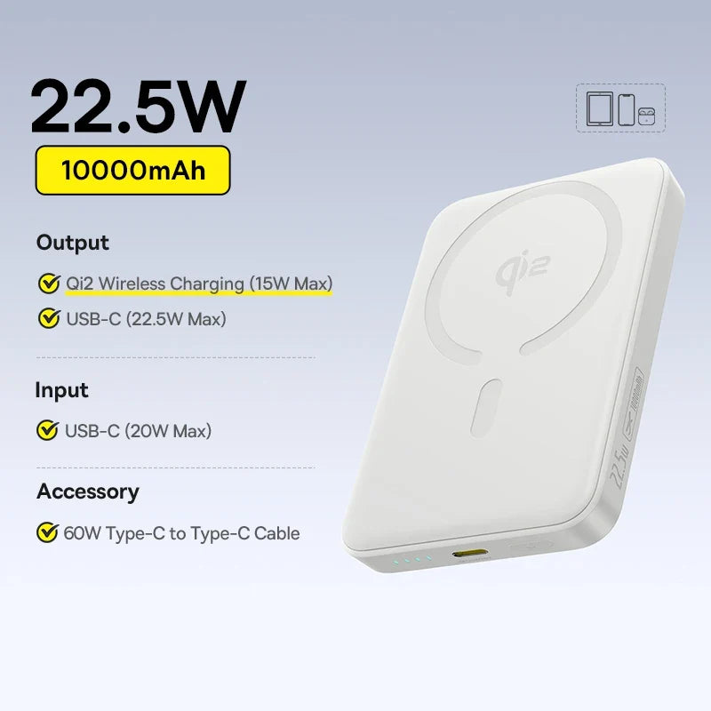 15W Cordless & 22.5W USB-C Charging for iPhone & Samsung 2026 – Qi2 Magnetic Power Bank 10000mAh