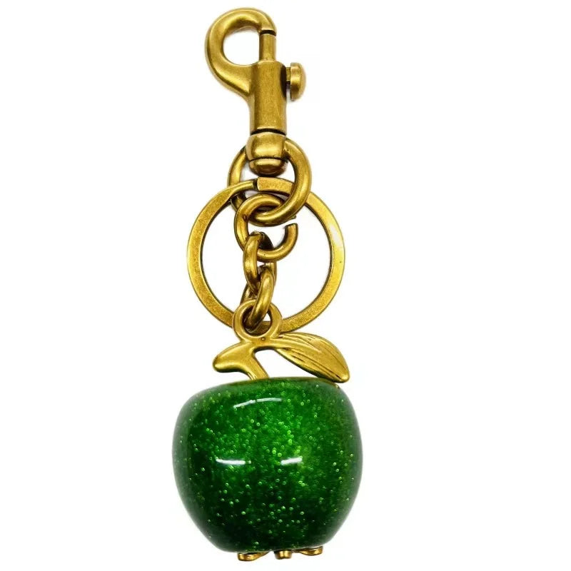 Cherry Red Keychain Bag Charm With Gold Leaf Lobster Clasp