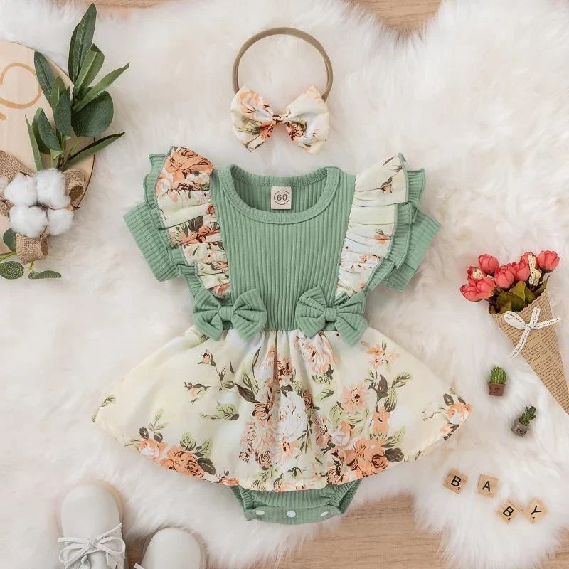 Plush baby girl dress - floral print, bowknot accents, cotton-elastane, summer wear