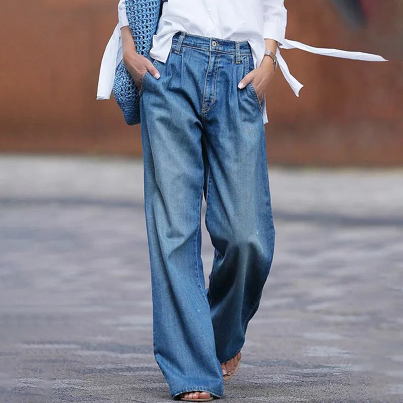 Distressed Women Wide Leg Jeans - High Waist Denim Pants with Pockets, Spring Fashion