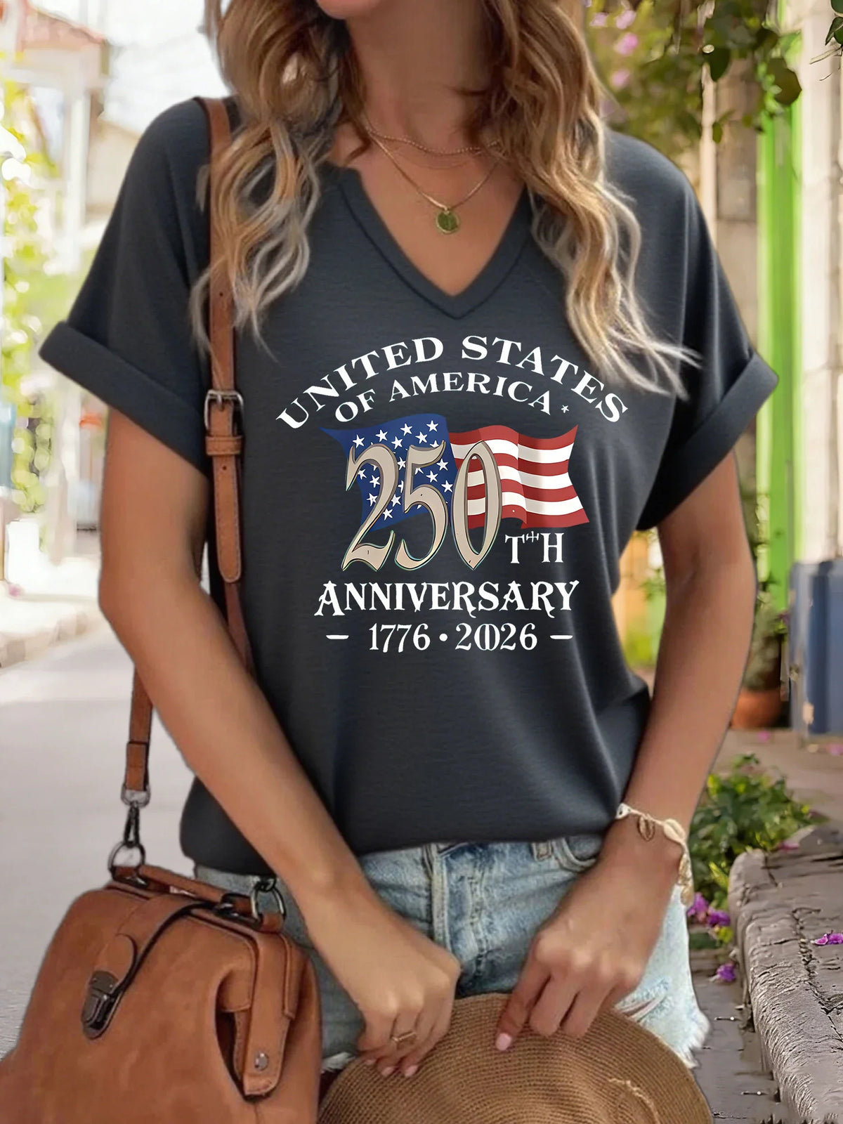 Plush women's graphic tee - V-neck, polyester-elastane blend, for USA 250th anniversary
