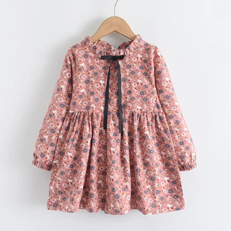 Plush Girls Dress - Long-Sleeve Knee-Length Floral Print, Cotton, For Casual Wear