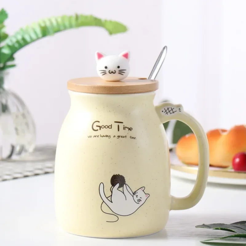 Mug Ceramic With Wooden Lid And Spoon Cute Cartoon Cat Design Gift Ready Spring 2026 Kitchen Essential