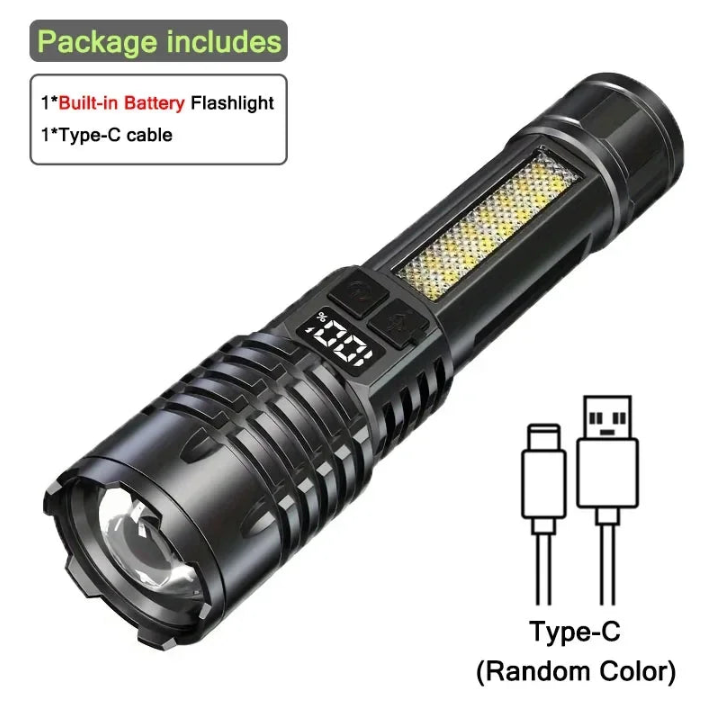High Power LED Flashlight - TYPE-C Battery-Powered Torch for Camping and Hiking, Water-Resistant with Side Light