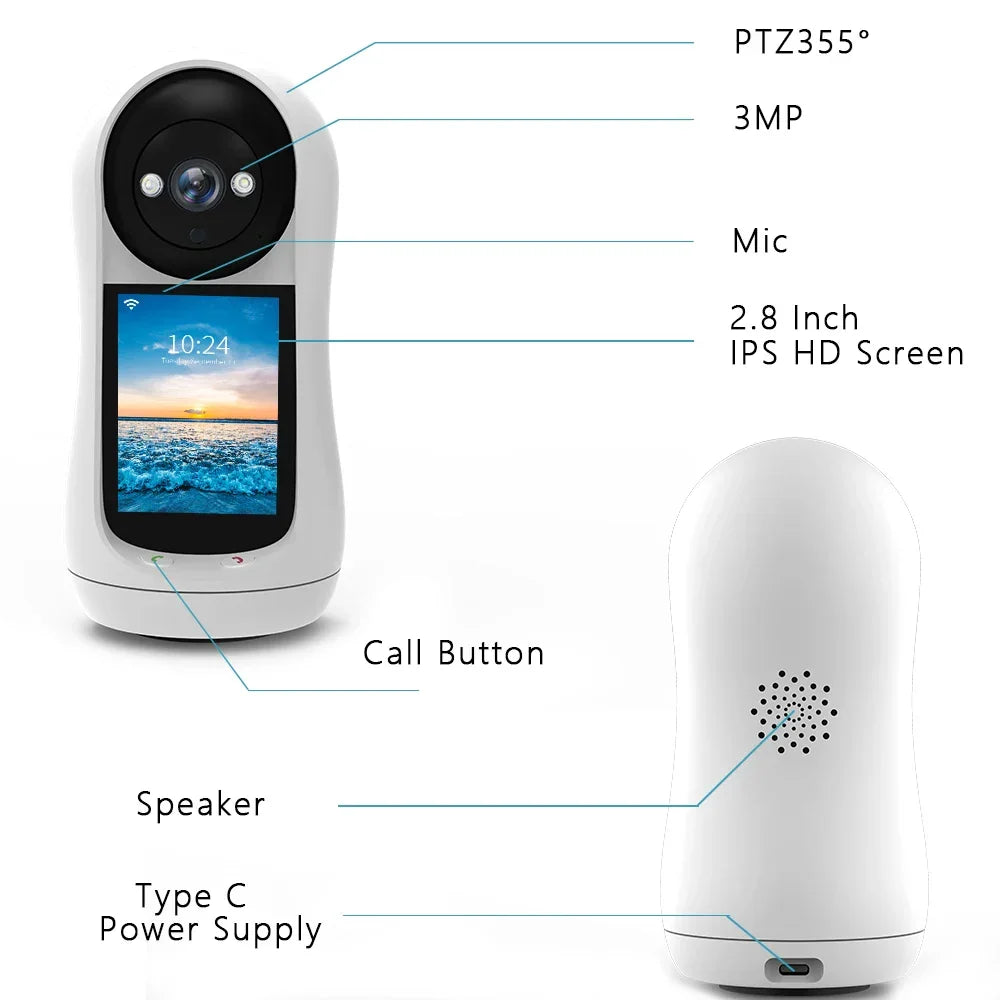 Baby2025 Edition Monitor 3MP PTZ With 2.8 Inch IPS Screen Video Call Baby Cry Detection Household Security Remote Monitoring