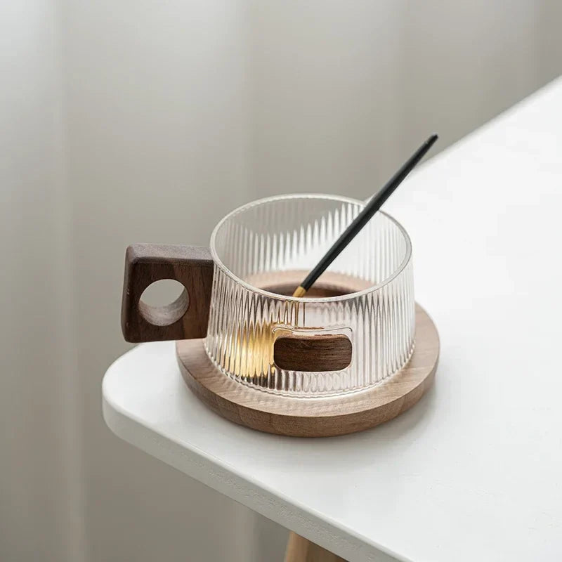 Coffee Mug Kit 250ml Glass With Wooden Handle, Tray And Spoon, Ribbed Tea Cup Casual Fall 2025 Cozy Gift