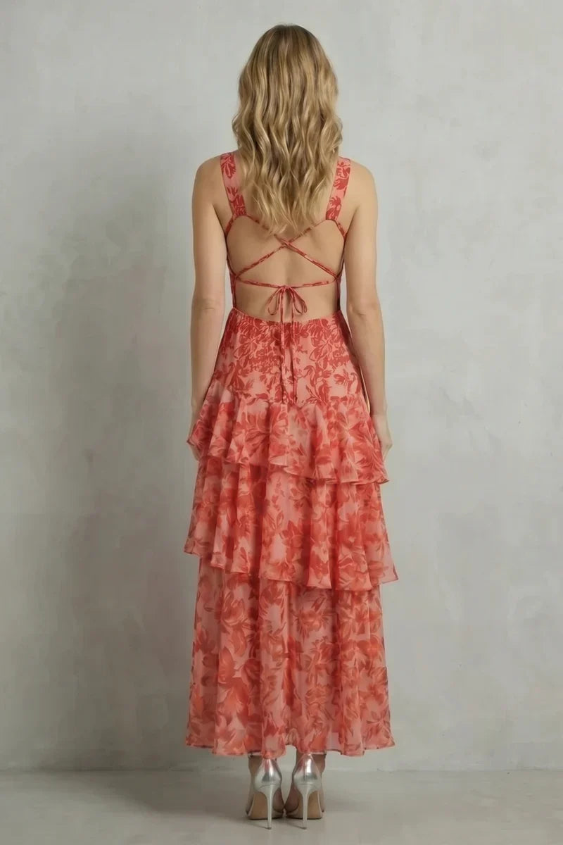 plunging neckline, flowy tiered skirt, floral print – Light women's halter dress