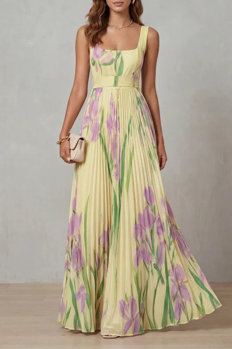 Light women's dress - a-line pleated floral midi, sleeveless, for summer wear