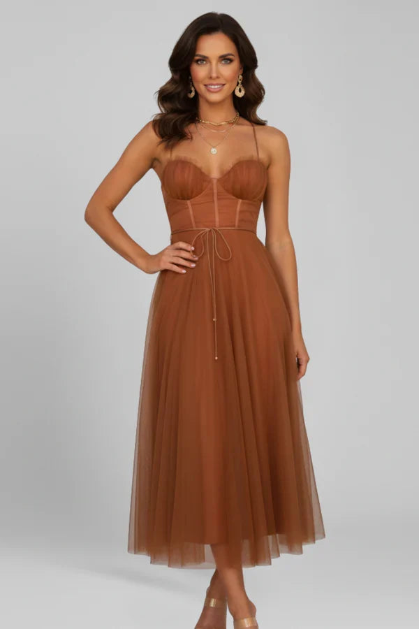 Plush flattering women's camisole dress - corset bodice, mid-length skirt, mesh, for evening