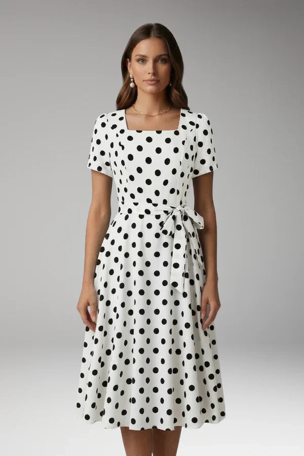 a-line wrap dress, polka-dot print, knee-length, waist-tie, polyester, for occasions – Plush, flowy women's dress