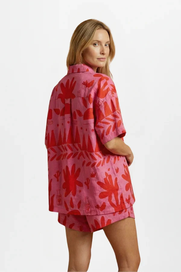 Light women's printed cardigan shirt set - collared, relaxed-fit, polyester, casual wear