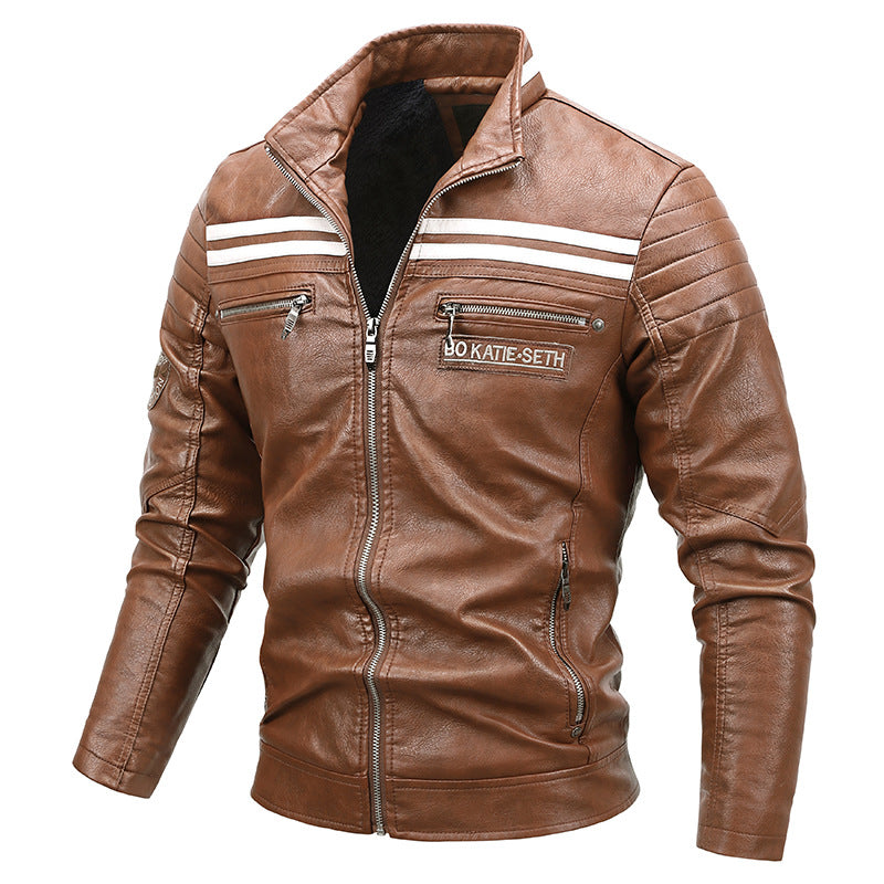 men's Warm leather motorcycle jacket - biker-cut with quilted shoulders and racing stripes, PU leather, for autumn rides