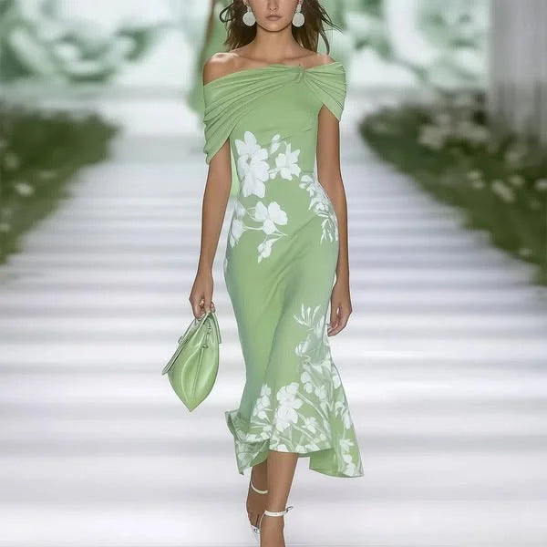 Light women's dress - off-shoulder twist midi-length, floral print, polyester, for weddings