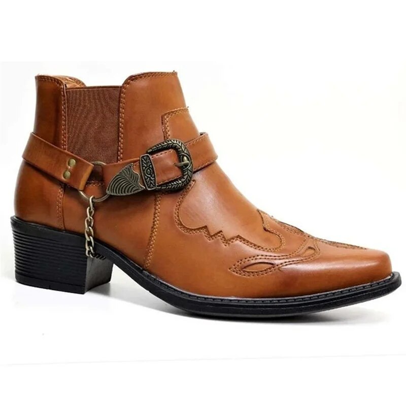Variant image for Handmade Leather Cowboy Boots for Men with Chain Buckle, Durable Motorcycle Style, Comfortable Fit-23