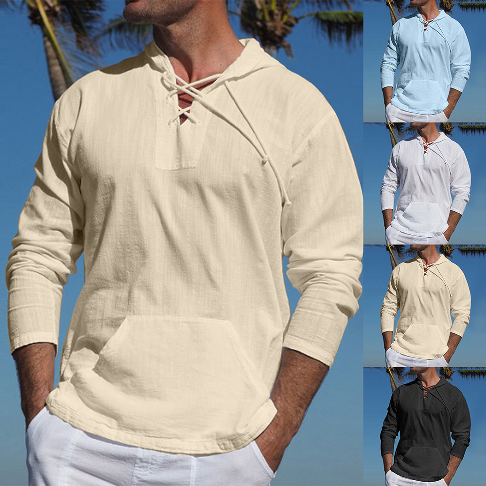 Light Casual Mens Pullover - Laceup V Neck, Linen