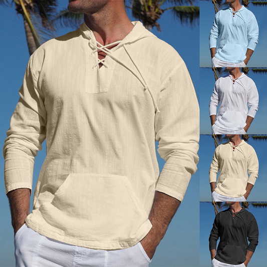 Light Casual Mens Pullover - Laceup V Neck, Linen