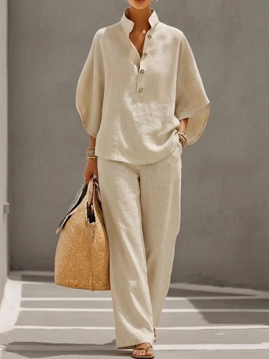 Light Women's Suit Kit - Stand-Collar Pullover Top, Balloon Sleeves, Straight-Leg Trousers, Polyester, For Office