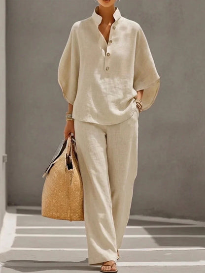 Light Women's Suit Kit - Stand-Collar Pullover Top, Balloon Sleeves, Straight-Leg Trousers, Polyester, For Office